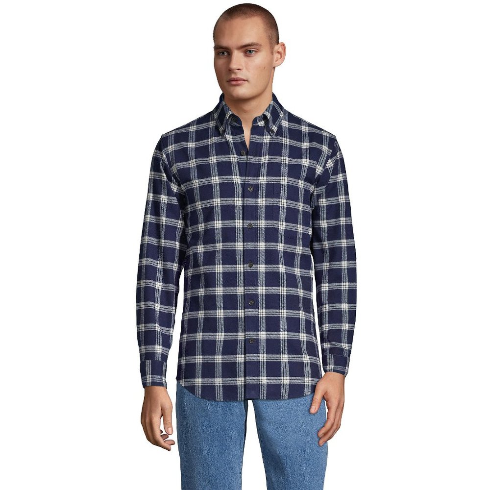 Lands End Men's Flannel Shirt Dark Blue Navy and White Plaid Big 2X XXL Big 2XL